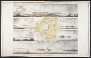 Gezichten van de hoofdstad van New England en het kasteel van William en Mary in de haven van Boston