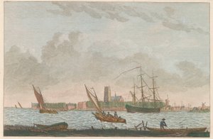 Dordrecht vanaf de Merwede, ca. 1790 door Carel Frederik Bendorp (I)