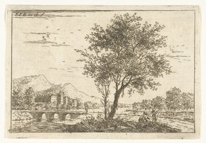 Heuvellandschap met kasteel aan rivier door Carel Frederik Bendorp (I)