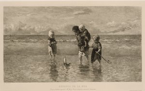 Vier kinderen spelen met speelgoedbootje op het strand in ondiep zeewater door Carel Lodewijk Dake