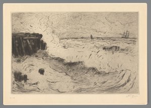 Wilde zee met een zeilschip bij een pier door Carel Nicolaas Storm van 