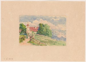 Oberbozen, een smalle weg leidt naar een kerkje op een berghelling door Carel Nicolaas Storm van 