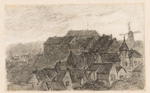 Stadsgezicht op Kleve met molen