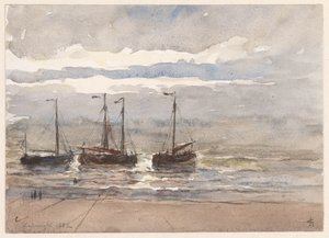 Vissersschepen op het strand van Katwijk bij opkomende vloed door Carel Nicolaas Storm van 