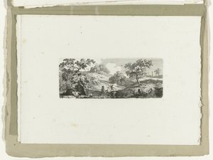 Reizigers bij een beek in heuvelachtig landschap door Carl August Lebschee