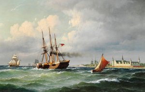 Deens: Zeegezicht bij Kronborg met talrijke schepen en een loodsboot Zeegezicht bij Kronborg met talrijke schepen en een loodsboot door Carl Bille