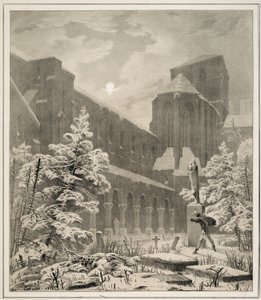 Kerk en kerkhof in de sneeuw bij maanlicht door Carl Blechen