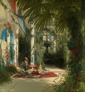 Duits: Das Innere des Palmenhauses auf der Pfaueninsel bei Potsdam Het interieur van het Palmhuis aan het Pfaueninsel bij Potsdam door Carl Blechen