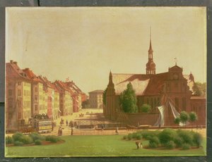 Het Paleisplein en Holmens Kirke, vanuit een raam in Christiansborg Kasteel, Kopenhagen, 1866 door Carl Christian Constantin Hansen