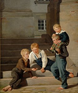 Jonge jongens die dobbelstenen spelen voor Christiansborg Kasteel, Kopenhagen, 1834 door Carl Christian Constantin Hansen