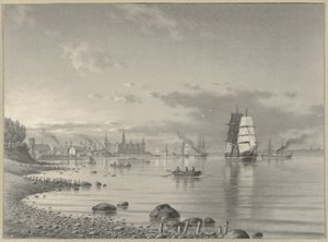 Scheepvaart op de Oresund met Helsingor en Kronborg kasteel in de verte door Carl Emil Baagoe