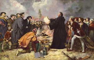 Maarten Luther verbrandt de Pauselijke Bul in 1520 door Carl Friedrich (after) Lessing