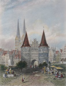 Holstentor in Lübeck, gegraveerd door John Godfrey