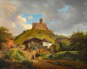 Kasteelruïne Hilgartsberg en uitzicht op Hofmark aan de Donau, 1829 door Carl Friedrich Heinzmann