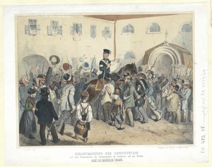 Proclamatie van de Grondwet op de verzamelplaats van de Nationale Garde in het Freihaus op de Wieden op 15 maart 1848 door Carl Goebel