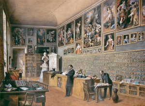 De bibliotheek, tevens kantoor van de ambtenaren van de Ambraser collectie (portretcollectie) door Carl Goebel d. J.