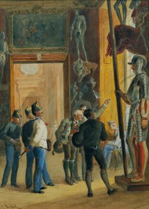 Oostenrijkse officieren en twee Tirolers bezichtigen de Ambraser collectie in het Untere Belvedere