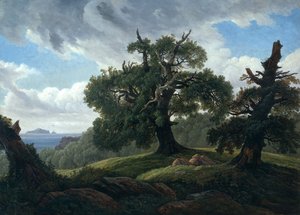 Herinnering aan een bebost eiland in de Oostzee Eikenbomen aan zee, 1835