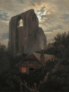 Ruïnes van het Eldena-klooster met huisje bij Greifswald in maanlicht, 1820