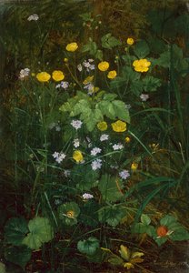 Boterbloemen en Vergeet-mij-nietjes op een Bosvloer door Carl Henrik Koch Moller