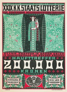 Poster die de 24e Koninklijke Oostenrijkse liefdadigheidsloterij in 1912 adverteert door Carl Krenek