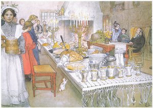 Op kerstavond is de enorme lange tafel in de grote zaal helemaal bedekt met eten door Carl Larsson