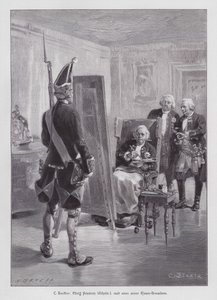 Koning Frederik Willem I van Pruisen schildert een grenadier van zijn Potsdamer Riesengarde (Grote Garde van Potsdam) (gravure)