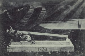 Een zegevierende geallieerde tank uit de Eerste Wereldoorlog passeert het graf van een Franse cavaleriesoldaat uit de Frans-Duitse Oorlog. door Carl Ludwig Friedrich Becker