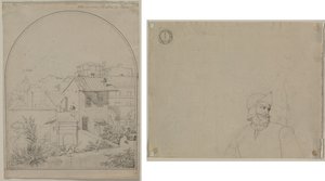 Uitzicht vanuit mijn raam in Rome (recto) Soldaat in een landschap (verso) door Carl Ludwig Tischbein