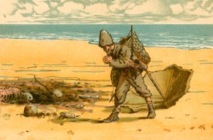 Robinson Crusoe ziet het strand bezaaid met menselijke schedels en botten