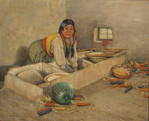 Hopi vrouw maalt maïs door Carl Moon