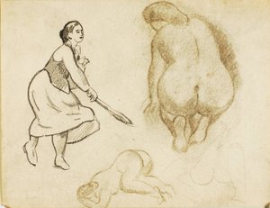 Vrouw met tennisracket en twee figuurstudies door Carl Newman