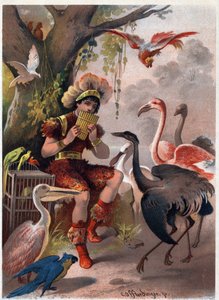 Papageno met een panfluit brengt de vogels uit het bos. Illustratie door Carl Offterdinger (1829-1889) in 