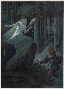De fee die wegvlucht met een gouden spinrok zong het lot van een gouden knoop. Illustratie door Carl Offterdinger (1829-1889) in 