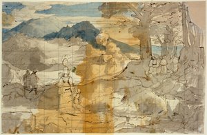 Landschaft bei Rocca Canterano mit einer Frau mit Kindern, Hirten und Pilgern door Carl Philipp Fohr