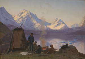 Een Groenlandse nederzetting bij een fjord. Zomer door Carl Rasmussen