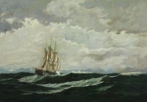 Zeegezicht met oorlogsschip in hoge zee