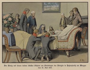 Koning Frederik Willem III van Pruisen en zijn twee oudste zonen naast het sterfbed van koningin Louise op de ochtend van 19 juli 1810 door Carl Röchling