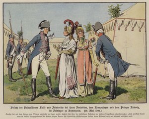Prinsessen Louise en Frederica van Mecklenburg-Strelitz bezoeken hun verloofden, Kroonprins Frederik Willem van Pruisen en Prins Ludwig van Hannover in het militaire kamp van Bodenheim, 20 mei 1793