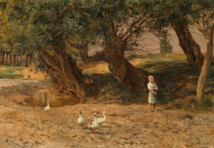 Het kleine ganzenmeisje onder de wilgen