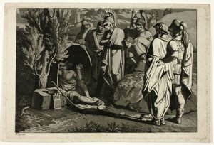 Diogenes in zijn ton met Alexander en zijn generaals door Carl Russ