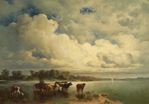 Waterlandschap met koeien