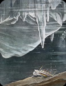 De eerste reis van de Titanic 1912, Titanic-ramp, illustratie, het zinken van de Titanic, geschiedenis, historisch, illustratie, Carl Simon, handgekleurde glasplaat door Carl Simon