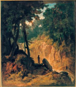 Boslandschap met waterval, aan de oever met kapucijner door Carl Spitzweg