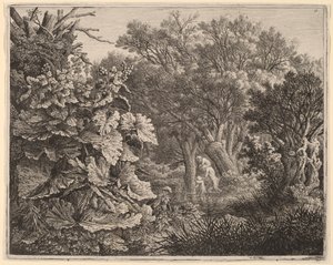 Landschap met grote bladeren en drie saters