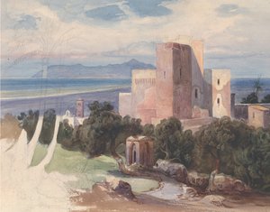 Uitzicht op Terracina met de berg Circeo recto..., midden 19e eeuw door Carl von Blaas