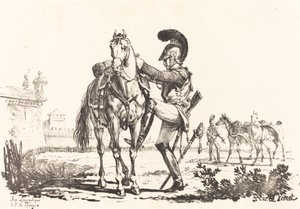 Carabinier die een paard bestijgt door Carle Vernet