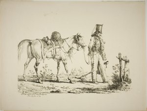 Huzaren lopen voor zijn paard, een pijp rokend door Carle Vernet