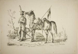 Lansier te Voet Lopend naast zijn Paard