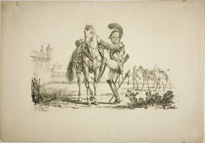 Schutter die een paard bestijgt door Carle Vernet